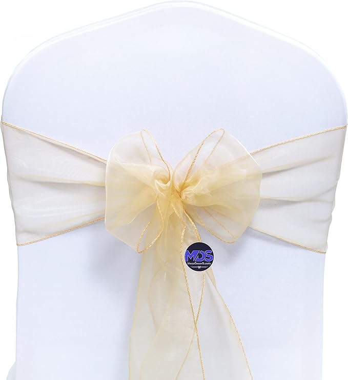 MDS Pack of 25 PCS Organza Chair Sashes Wider Dining Chair Bows Ribbon Tie Back for Wedding Party Birthday Bridal Shower Reception Event Banquet Home Chair Cover Decoration - Beige