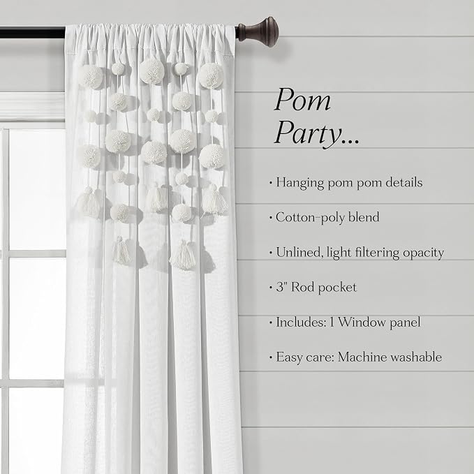 Lush Decor Boho Pom Pom Tassel Linen Textured Window Curtain Panel, Single 52" - Image 8