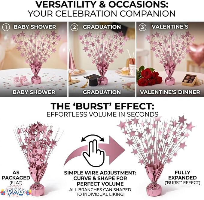 PMU 3 Pack Bursting Star Metallic Foil Spray Centerpiece- Baby Pink Balloon - Image 4