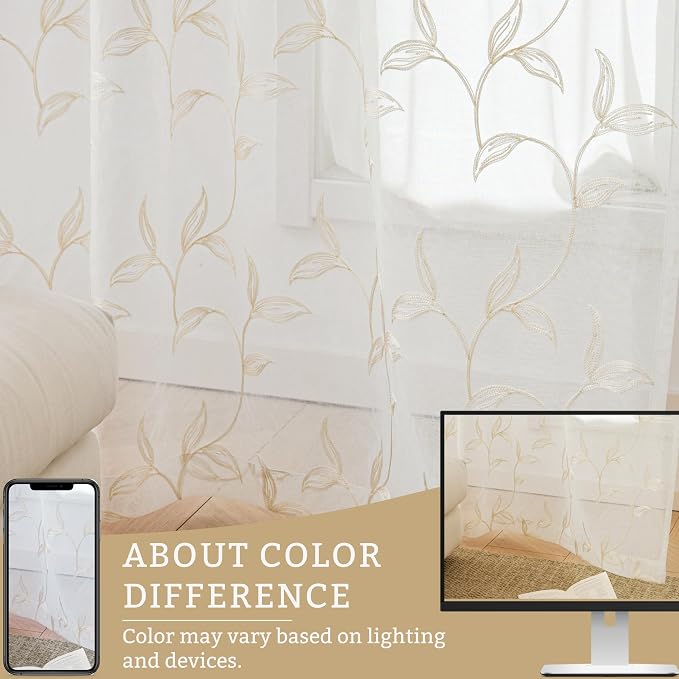 Sheer Curtains Boho Leaf Floral Embroidered Cream Beige 54Wx84L | Light - Image 7