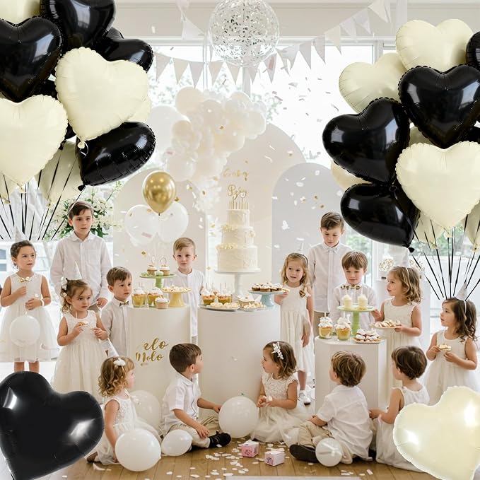 TONIFUL 30 Pcs 18 Inch Black Cream White Heart Shape Foil Mylar Balloons | - Image 6