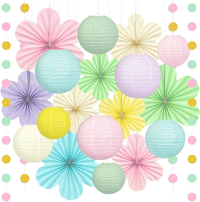 Pastel Hanging Decorations for Classroom, 20-Pc Paper Lanterns Flower Fans | by Dimhut