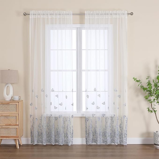 White Sheer Voile Curtains Blue Embossed Butterflies 54Wx72L Inch | Light - Image 2