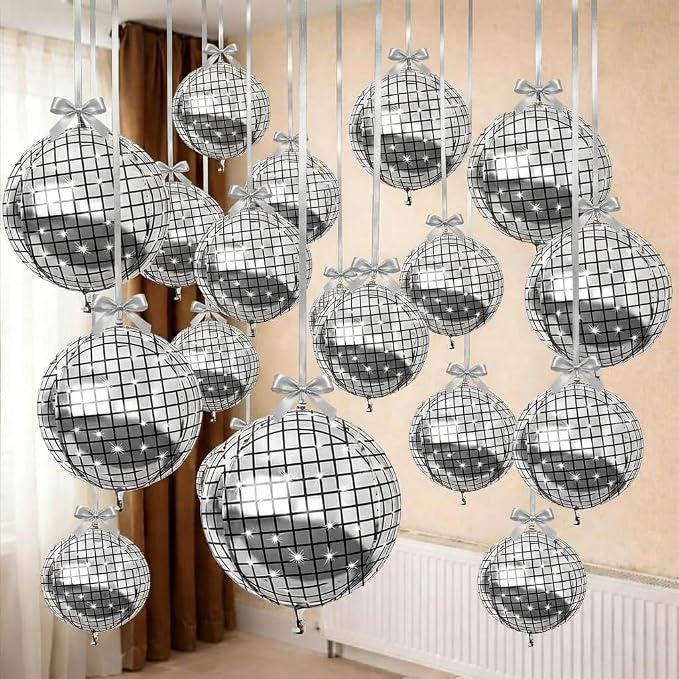 HILAVO 16PCS Disco Ball Balloons, 32in 22in 10in Large 4D Metallic Silver Disco - Image 7