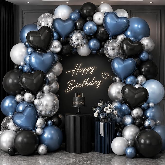 TONIFUL 15 Pack 18 Inch Matte Black and Dusty Blue Heart Foil Balloons Dark - Image 3