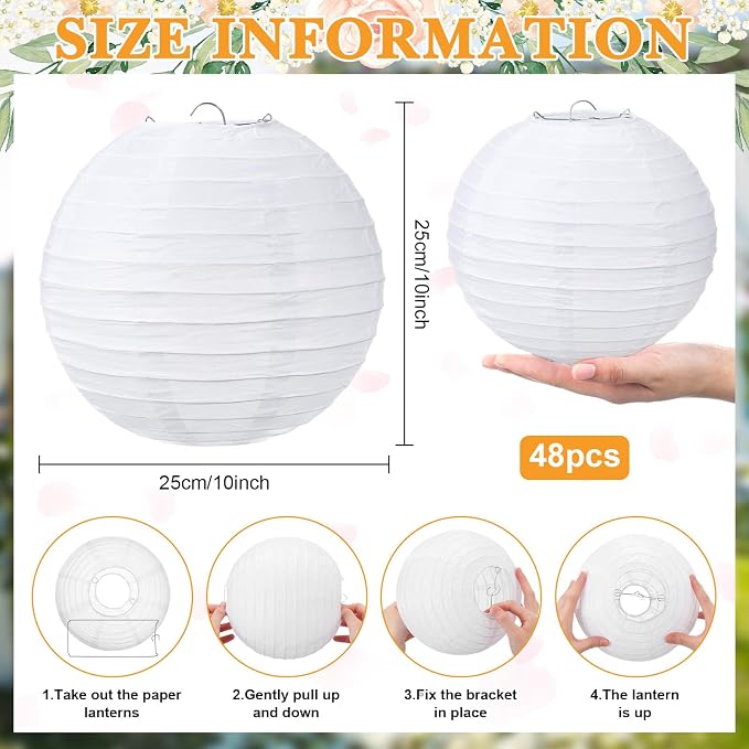 Treela 48 Pack White Chinese Japanese Paper Lanterns Decorative Hanging Round - Image 3