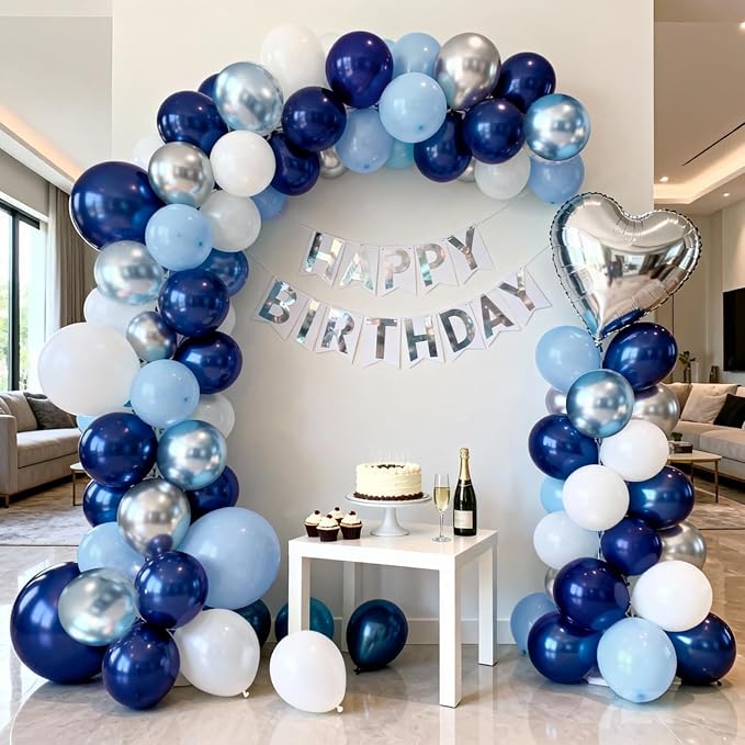 Blue White Silver Balloons Arch Kit, Party Dcoration | Navy/Light/Dark Pearl - Image 6