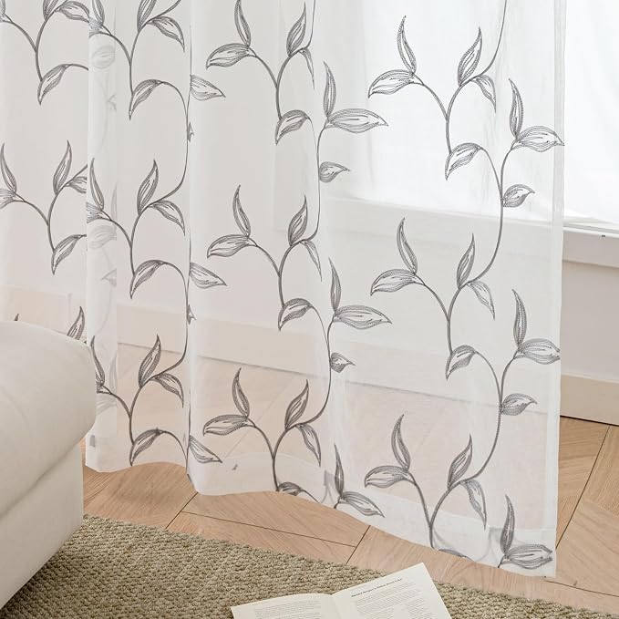 Sheer Curtains Boho Leaf Floral Embroidered Grey 54Wx90L | Light Filtering Semi - Image 7