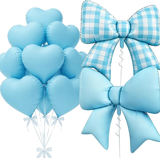 Vuzvuv Blue Gingham Bow Heart Balloons Set, Anniversary, Bridal Shower（Mix by Vuzvuv