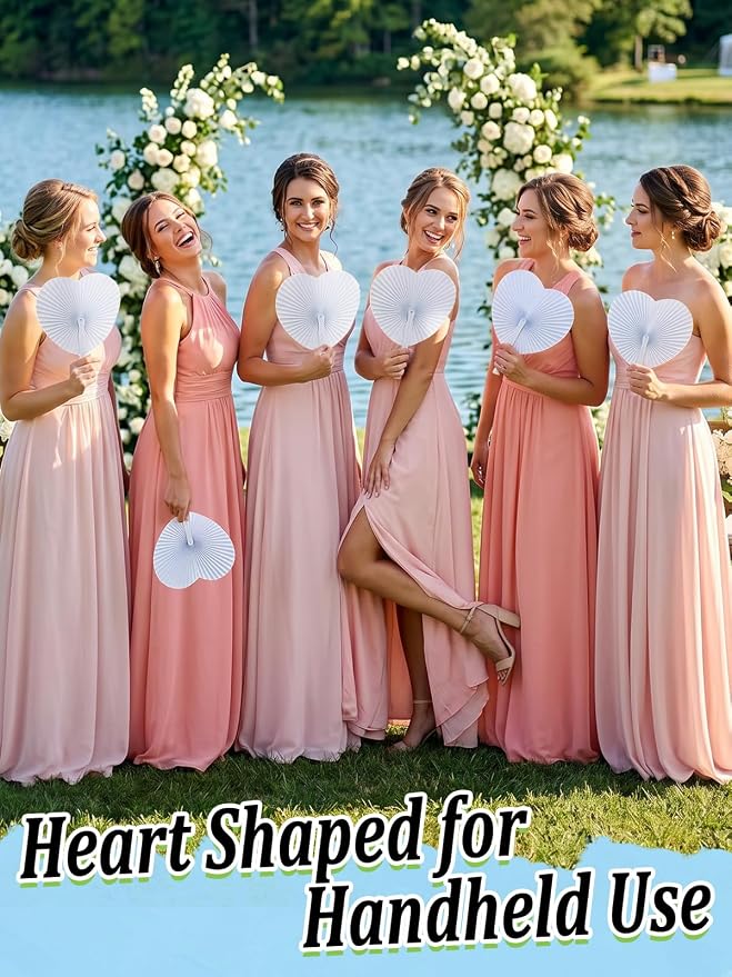 Cosweet 50 Pack White Folding Fans- Heart Shaped Handheld Folding Accordion - Image 4