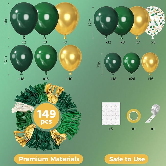 Ouddy Party 149Pcs Green and Gold Balloon Garland Kit Different Sizes 18 12 10 - Image 3