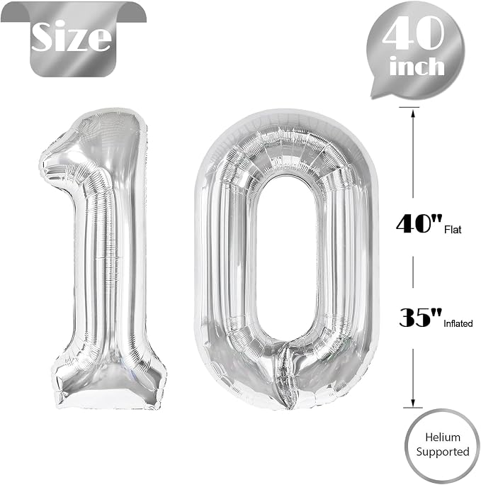 Silver Number 10 Balloon 40 Inch, 10th Birthday Decorations Men Women | Foil - Image 5