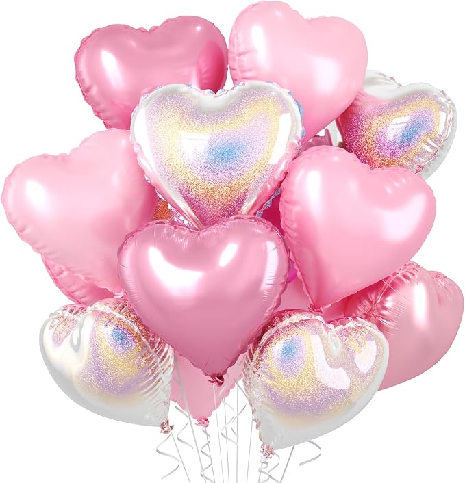 Pink and Silver Heart Balloons, 18 Inch Metallic Glitter Stars Foil Balloons by BIAPIAN