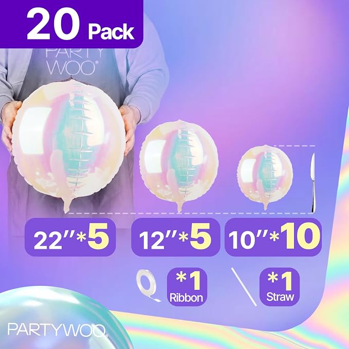 PartyWoo Iridescent Large Giant Foil 4D Balloons 20pcs Different Sizes | 22 12 - Image 5