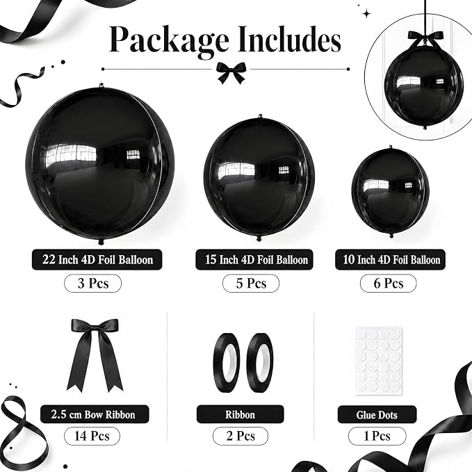 Black Round Foil Balloons with Satin Bows Ribbon - Image 2