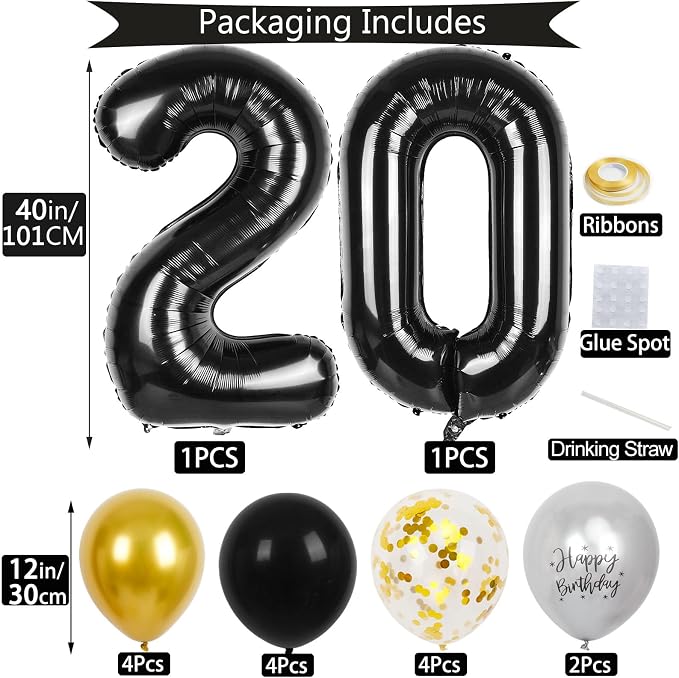 20th Birthday Decorations for Men, 40 inch 20 Balloon Numbers - Image 2