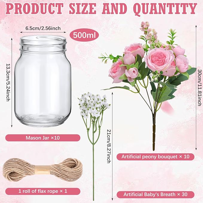 XunYee 10 Set Mason Jars for Centerpieces, Dark Pink, Gypsophila | Mason Jar - Image 2