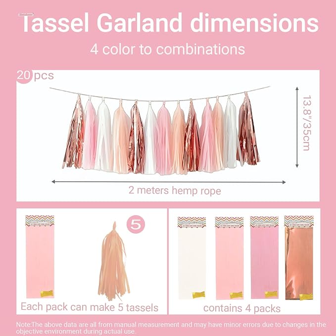 Rose Gold Peach White Pink Tassel Garland Banner, 20 Pack, Tassel Garland Party - Image 3