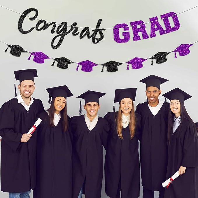Prestrung Congrats Grad Banner Purple and Black Graduation Banner - Image 5
