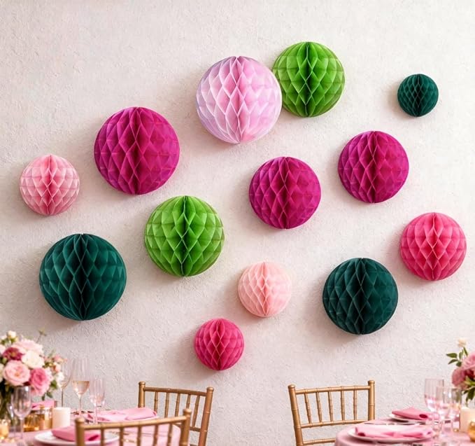 Hot Pink and Green Paper Honeycomb Balls, 6 and 10 inch Hanging Tissue Pompoms - Image 6