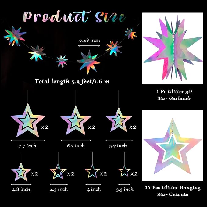 Star Garland Decorations Kit, Holographic Twinkle Little Stars Garlands - Image 2