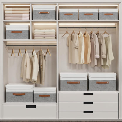 Yawinhe Collapsible Storage Bin, Cube Organizer Basket, Fabric Box with Lids, Washable and Leather Handle, for Home, Closet, White/Grey, 13.0''Lx9.0''Wx7.9''H, 3-Pack, SNK024WGS-3