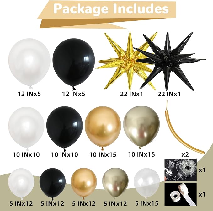 New Years Balloon Garland Arch Kit Black and Gold Explosion Star Balloons Black - Image 2