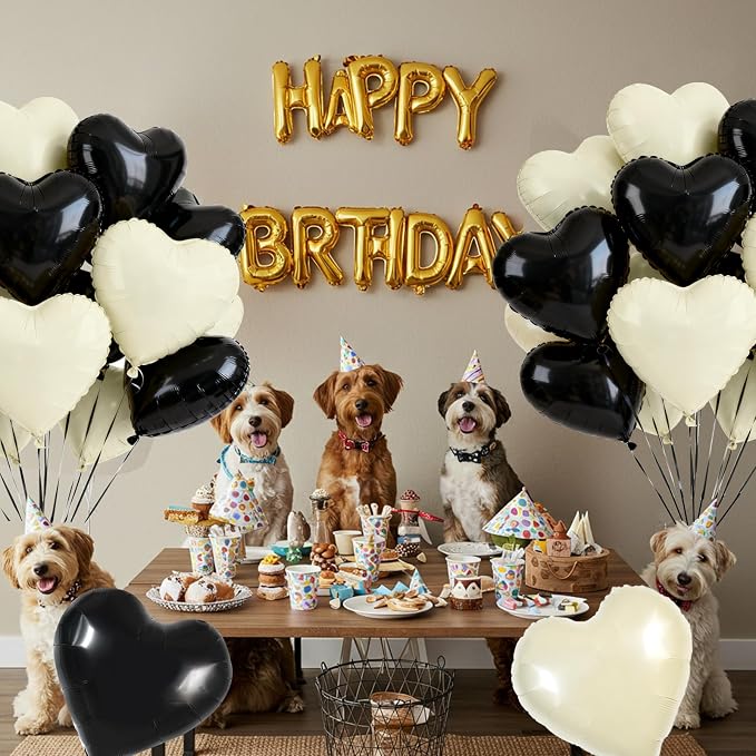 TONIFUL 30 Pcs 18 Inch Black Cream White Heart Shape Foil Mylar Balloons | - Image 5