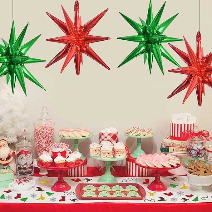 TONIFUL 4Pcs Explosion Star Balloons Red and Green Foil Balloon Party Decor | - Image 5