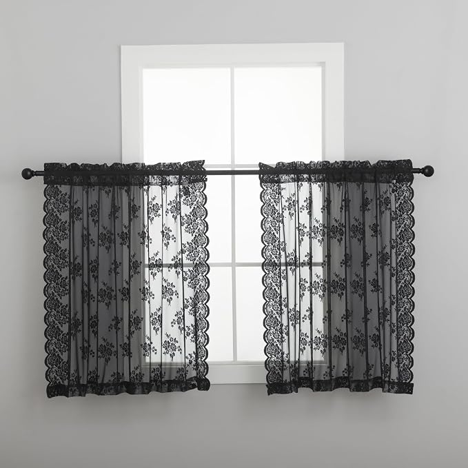 Kotile Black Lace Kitchen Curtains Rustic Floral W52 x L36 Inch, 2 Panels | Rod - Image 7