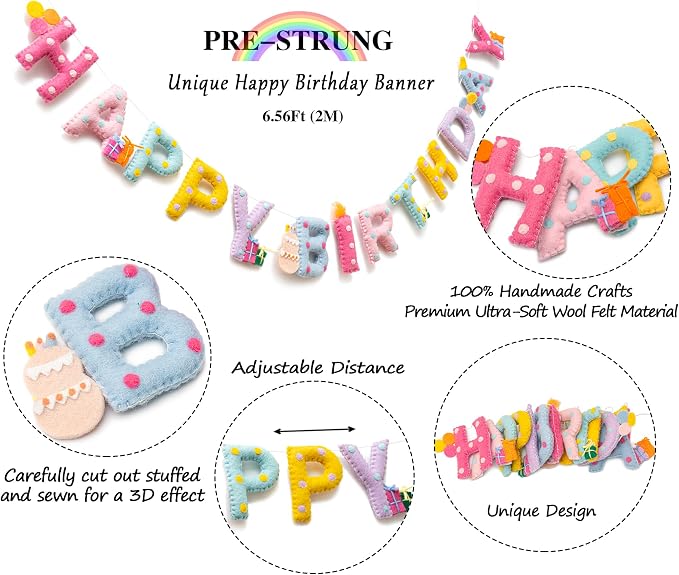 Unique Pre-Strung Handmade Wool Felt Pastel Happy Birthday Banner Garland | 3D - Image 4