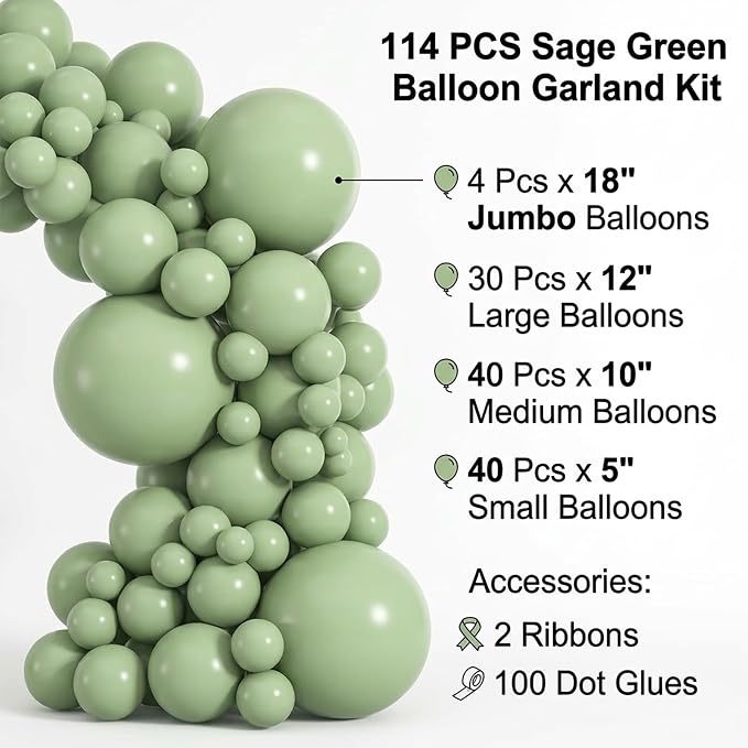 114pcs Sage Green Balloons Different Sizes, 18 12 10 5 inch Olive Balloons | - Image 2