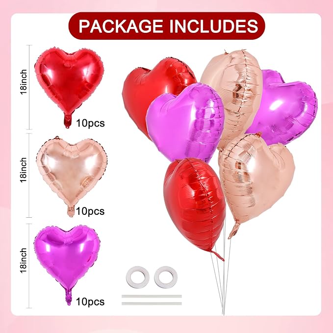 TONIFUL 30 Pcs 18 Inch Rose Gold Red Hot Pink Heart Shape Foil Balloons | - Image 2