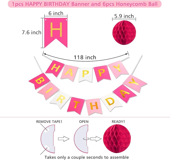 Pink Birthday Decorations with Happy Birthday Banner, Paper Honeycomb Balls - Image 3