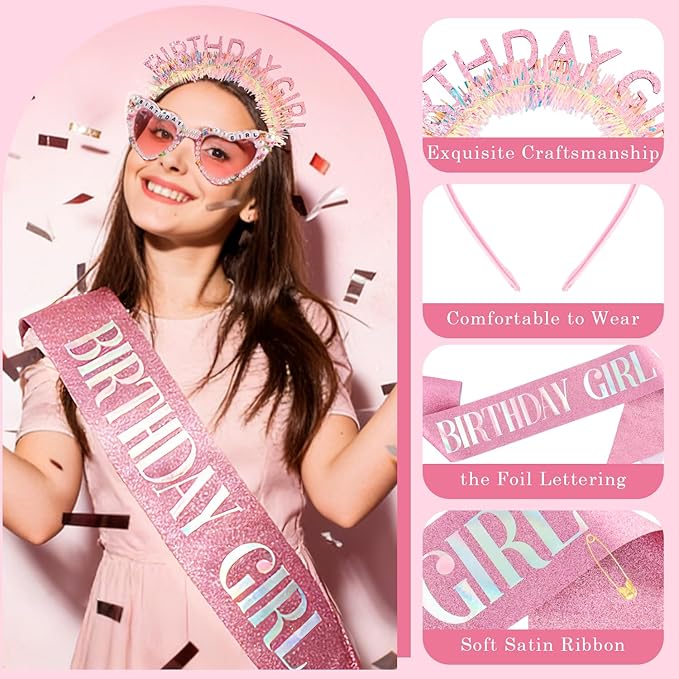 Atoden Birthday Girl Sash Glitter Headband Tiara Crown Sunglasses Pink Happy - Image 5