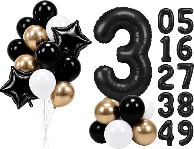 PartyWoo Number Balloons 40 Inch Black Number 3 Kit 25pcs by PartyWoo