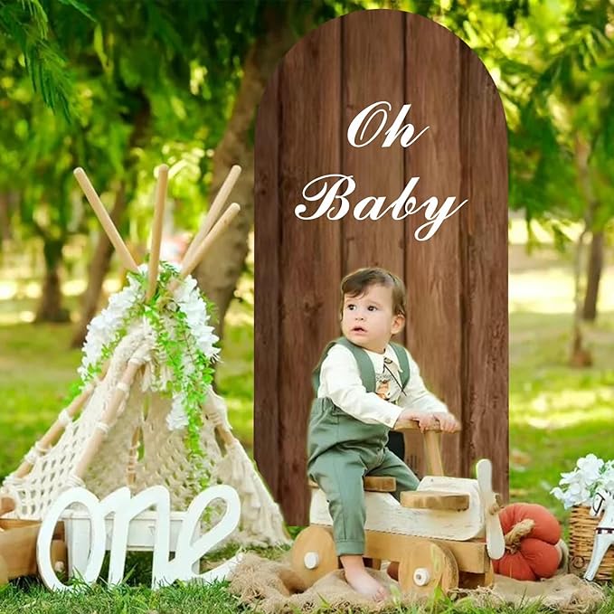 Wood Arch Cover 5ft Arch-Backdrop-Cover Cowboy Brown Arch Covers Stretchy Backdrop Double Sided White and Wood Print Back Drop Cover for Baby Shower Wedding Rustic Farmhouse Jungle Party Decor