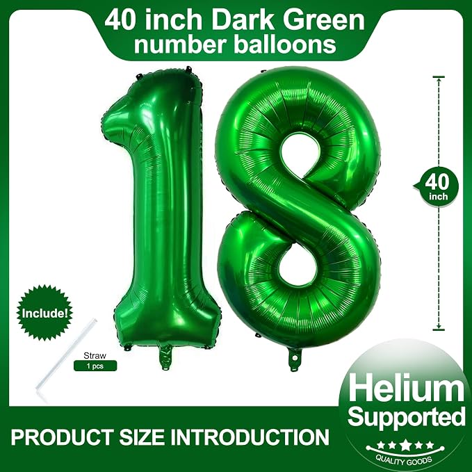 Number 18 Dark Green Balloons 40 Inch Giant Green 18 Numer Foil Helium Balloons - Image 2