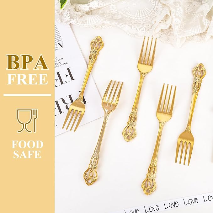 75PCS Gold Plastic Forks - 8.1inch Gold Forks Disposable - Vintage Heavy Duty Dessert Forks - Premium Fancy Plastic Silverware for Parties, Weddings, Dinners and Events