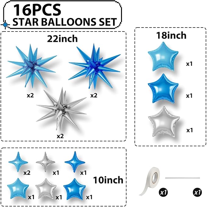 Blue Silver Star Balloons, 22/18/10 Inch Foil Balloons, Four-Pointed Balloon - Image 2