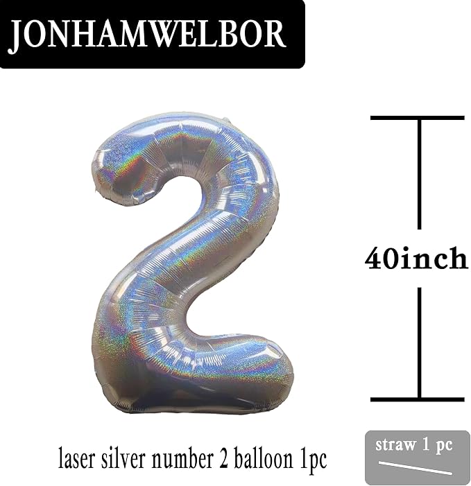 Jonhamwelbor 40 Inch Laser Silver Number 2 Balloon Foil Mylar Giant Balloon - Image 2
