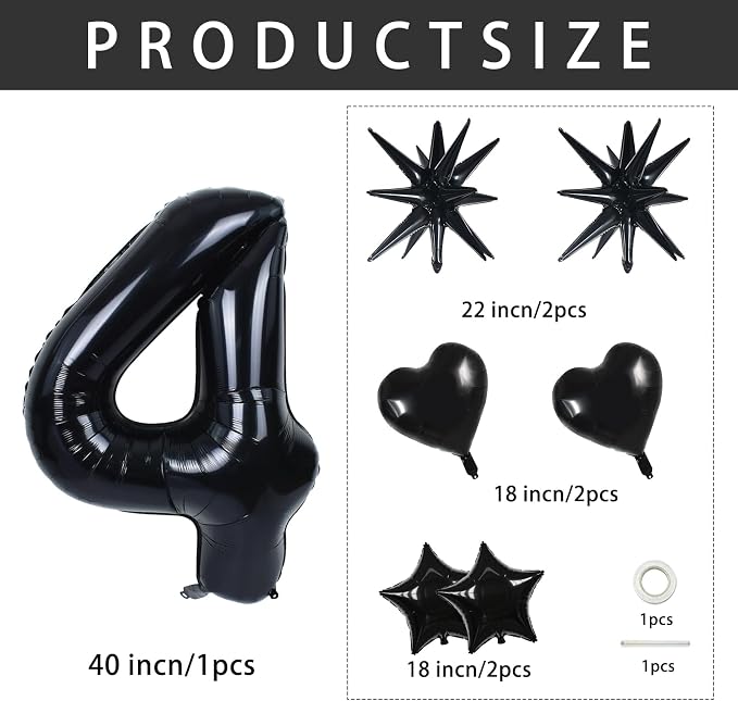 TONIFUL 4th Birthday Balloons Kit 40 Inch Black Large Number 4 Foil Balloon | - Image 2