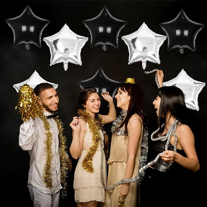 Black Silver Star Foil Balloons, 18 Inch Large Black and Metallic Silver Stars - Image 6