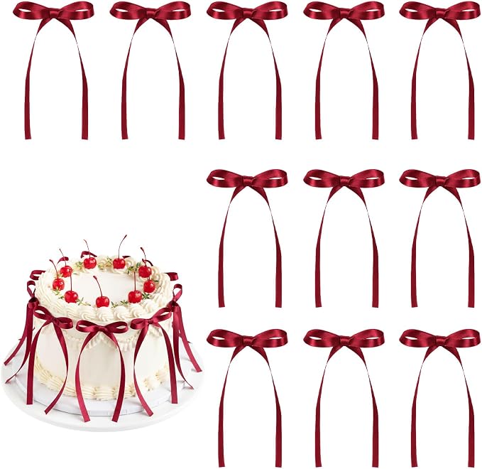 30 Pack Bow Cake Toppers Wine Red Ribbon Bows by NatNarr