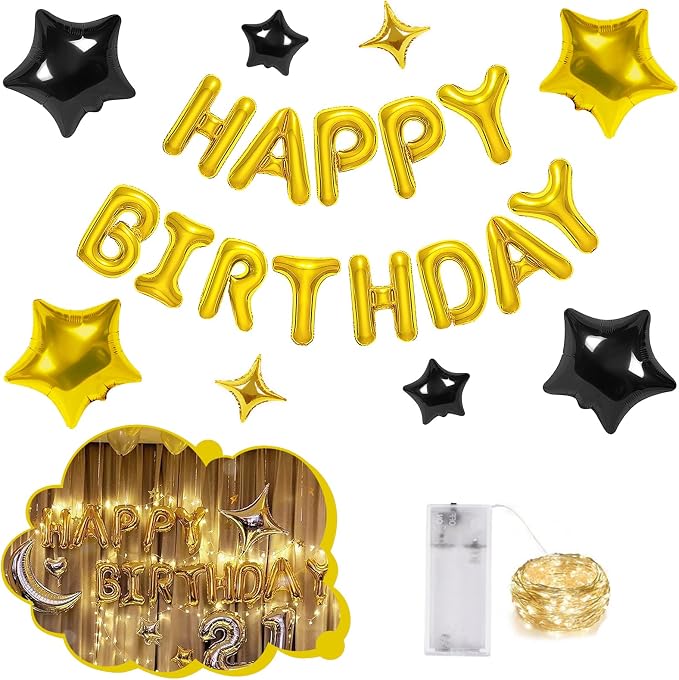 CANREVEL Happy Birthday Banner Decorations + 8Pcs Star Balloons, Glod | 13pcs by CANREVEL