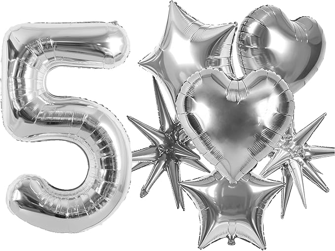 TONIFUL 5th Birthday Balloons Kit 40Inch Silver Large Number 5 Foil Balloon | by TONIFUL
