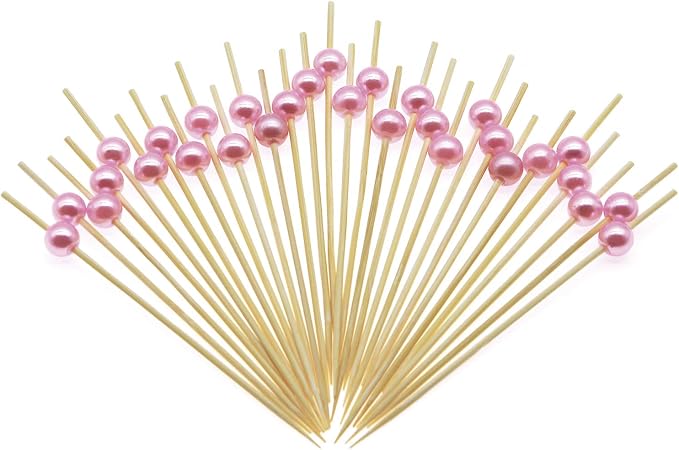 Minisland Pink Pearl Bamboo Cocktail Picks, Decorative Appetizer Toothpicks | by Minisland