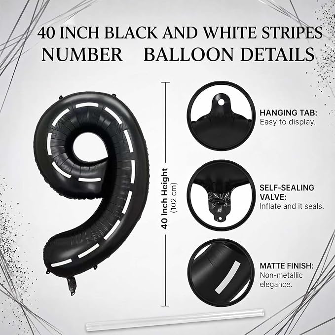 Black and White Stripes Number 19 Balloon 40 Inch, Foil Track Digit | Fast - Image 4