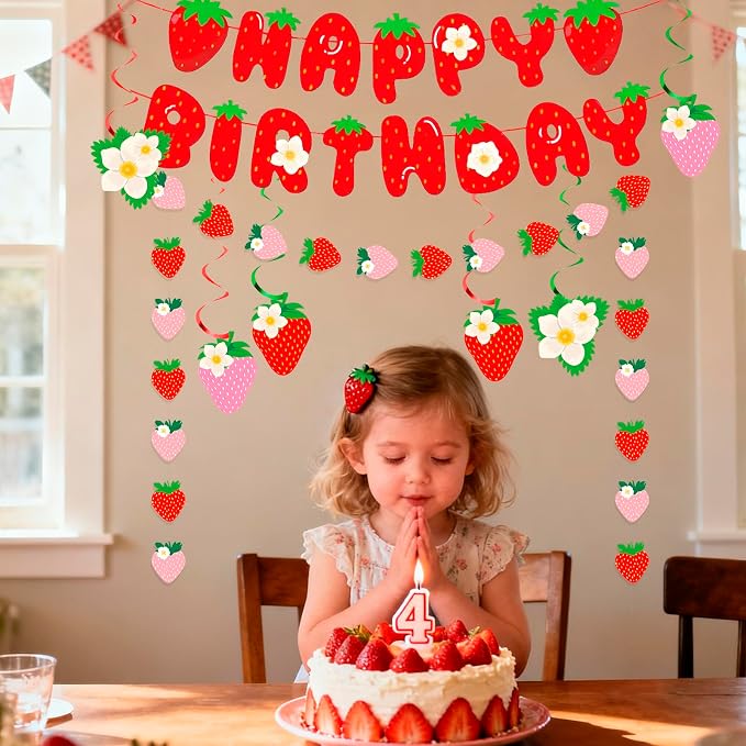 MEETINGU Strawberry Happy Birthday Banner, Strawberry Set Strawberry Themed - Image 4