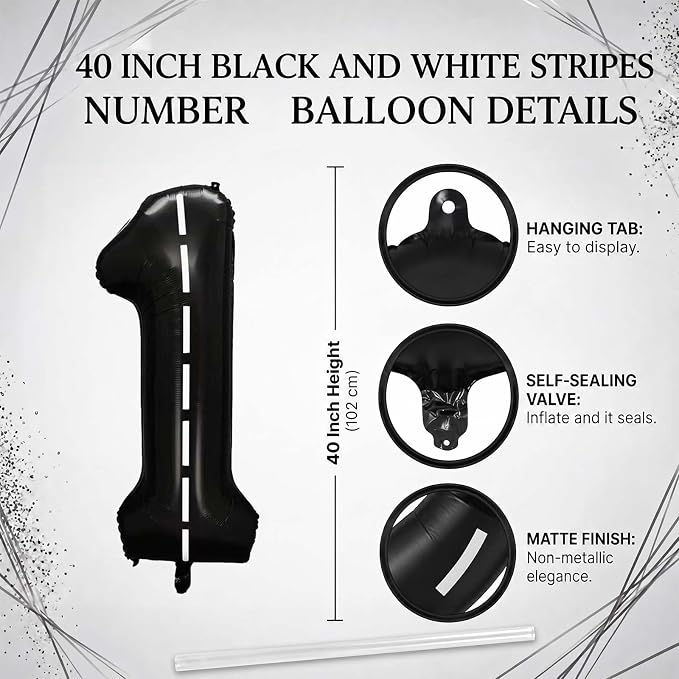 Black and White Stripes Number 1 Balloon 40 Inch, Foil Numeral - Image 4